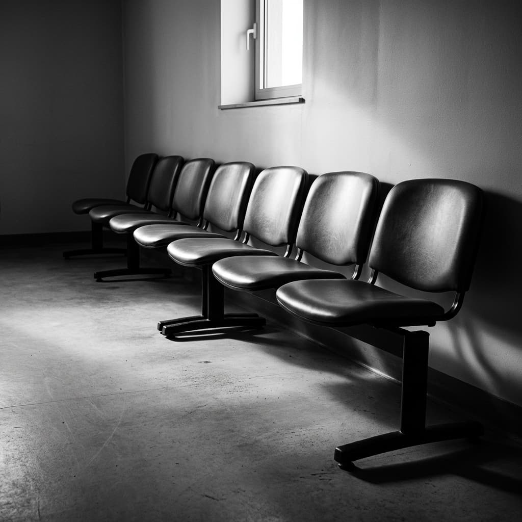 Row of empty waiting room chairs representing lost clinical capacity